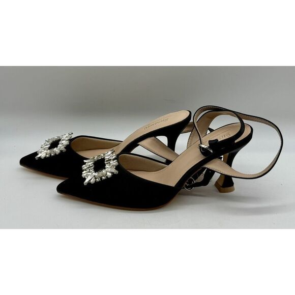 Women's Size 7.5 Black Pointed Toe Rhinestone Slingback Heals Adjustable Strap - Picture 5 of 10